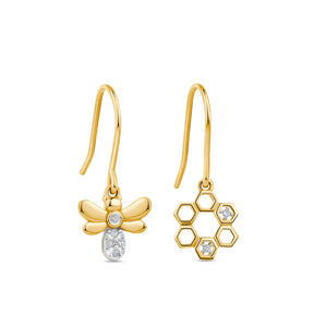 Bumble Bee & Honeycomb Diamond Drop Earrings in 9ct Yellow Gold TDW 0.030ct - Wallace Bishop