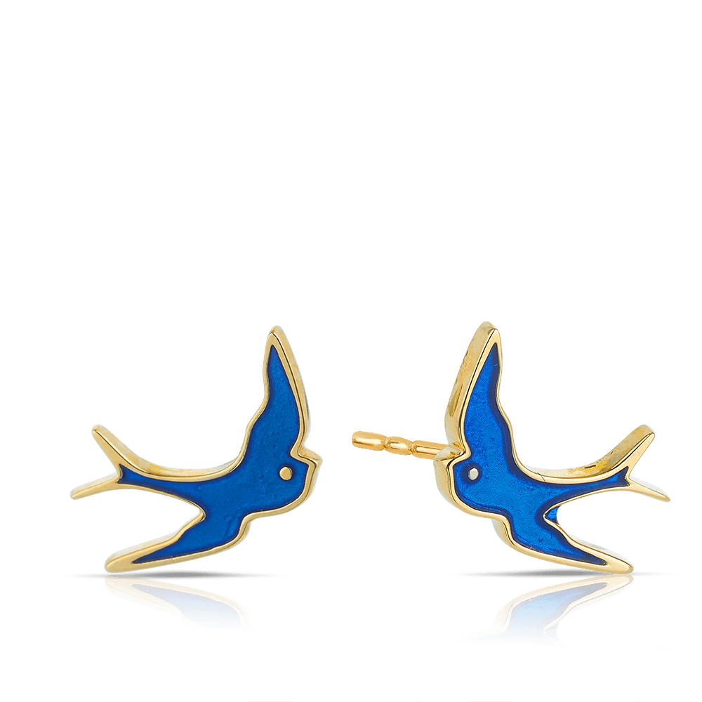 Children's Blue Bird Enamel Earrings in 9ct Yellow Gold - Wallace Bishop