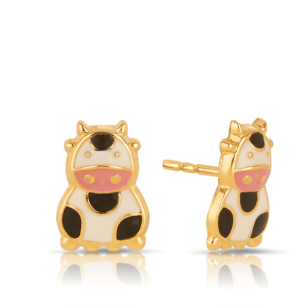 Children's Cow Enamel Earrings in 9ct Yellow Gold