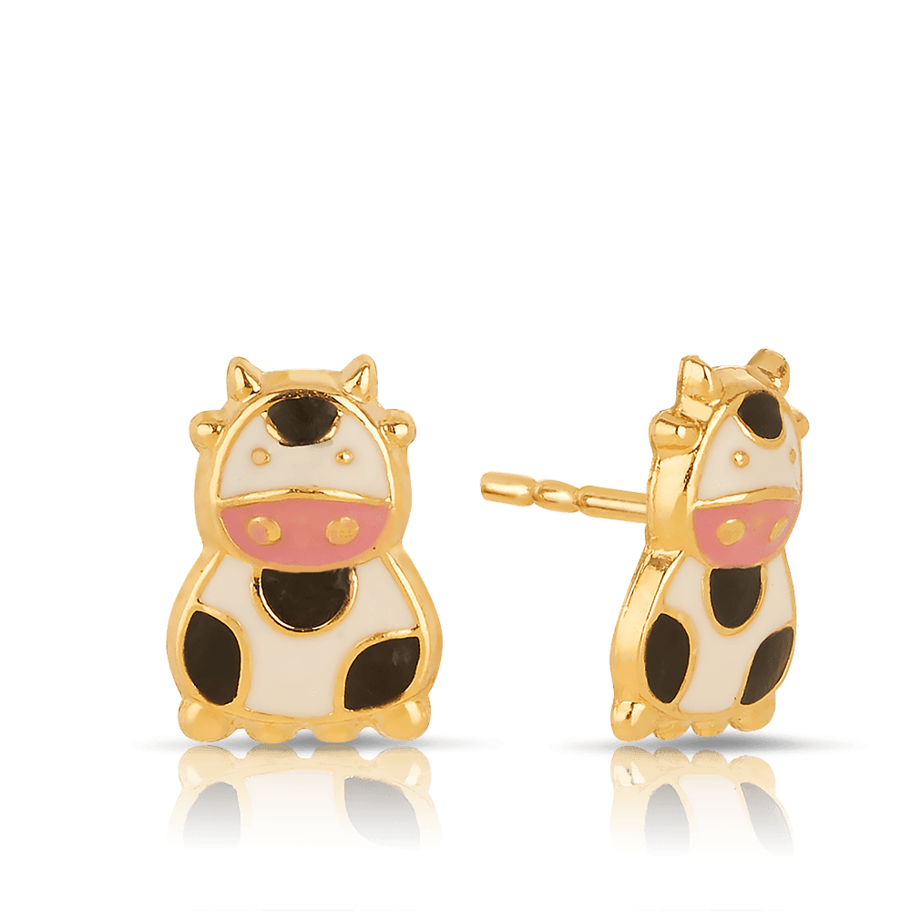 Children's Cow Enamel Earrings in 9ct Yellow Gold - Wallace Bishop