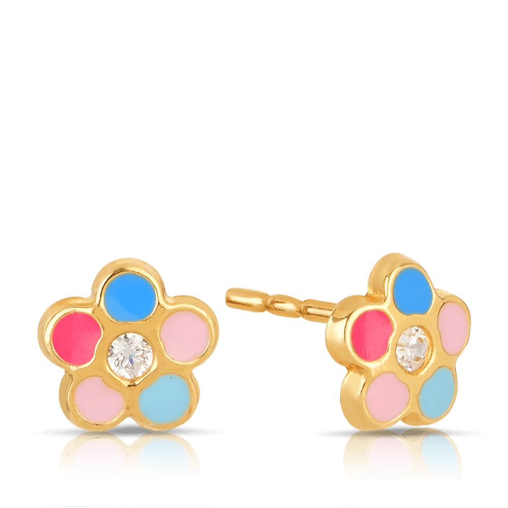 Cubic Zirconia Flower Shape Coloured Enamel Stud Earrings in 9ct Yellow Gold