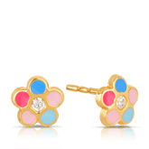 Children's Cubic Zirconia Flower Shape Coloured Enamel Stud Earrings in 9ct Yellow Gold - Wallace Bishop