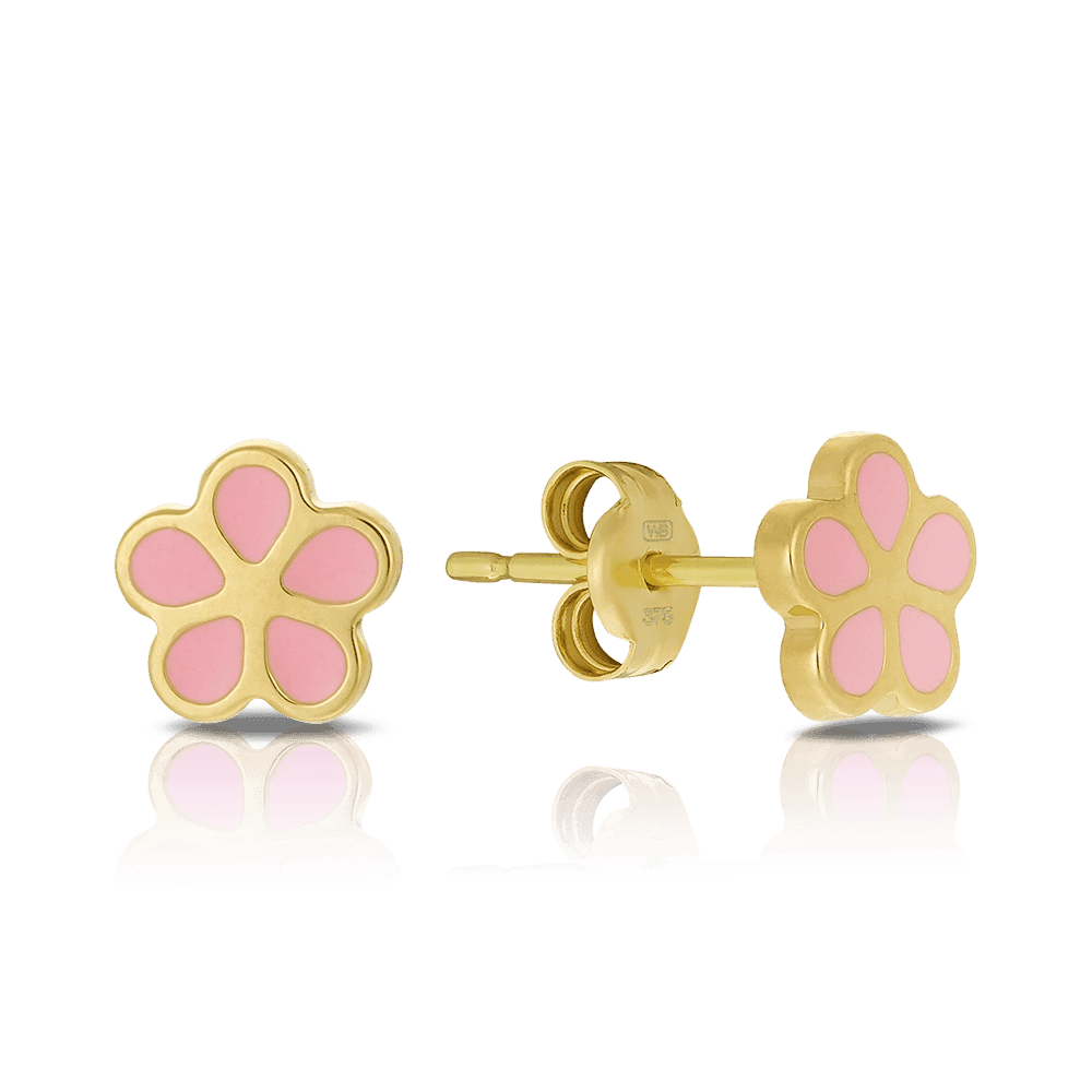 Children's Pink Flower Stud Earrings in 9ct Yellow Gold and Enamel