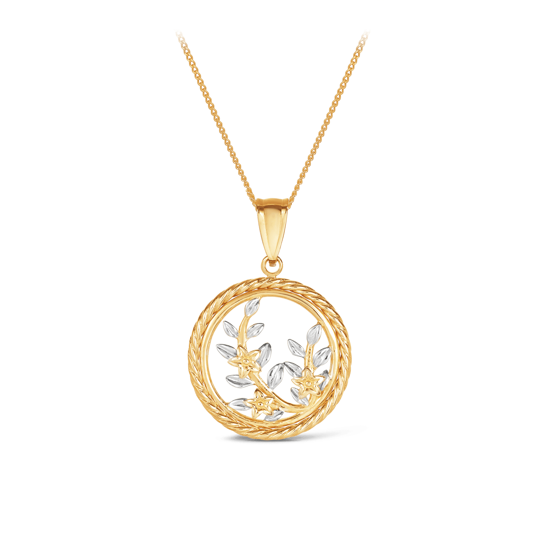 Circle Floral Branch Polished Pendant in 9ct Yellow Gold