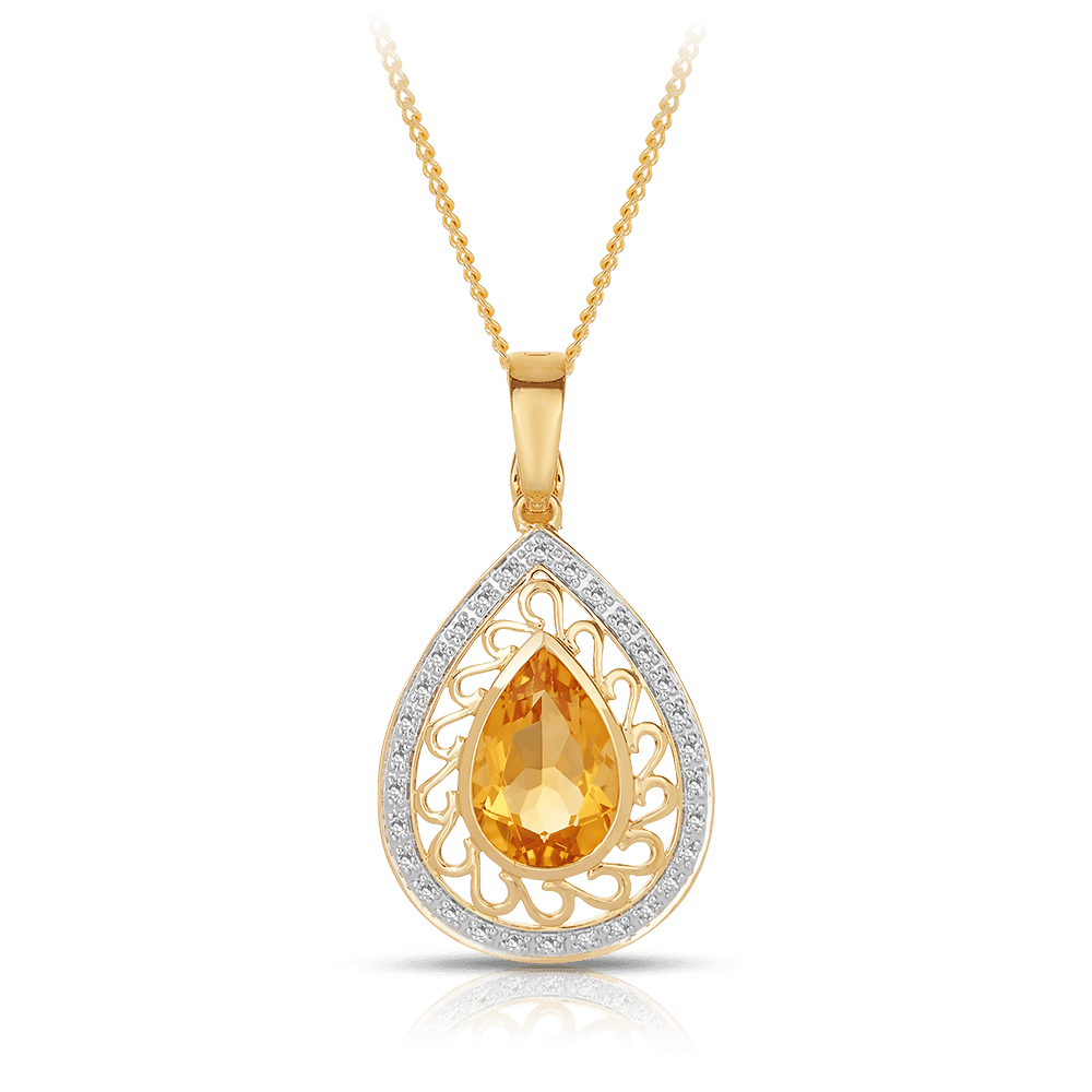 Citrine & Diamond Pear Pendant in 9ct Yellow Gold - Wallace Bishop