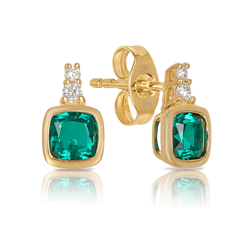 Created Emerald & Diamond Cushion Stud Earrings in 9ct Yellow Gold - Wallace Bishop