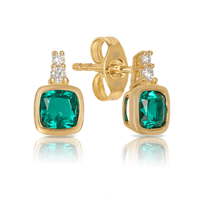Created Emerald & Diamond Cushion Stud Earrings in 9ct Yellow Gold - Wallace Bishop