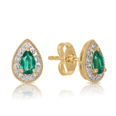 Created Emerald & Diamond Halo Stud Earrings in 9ct Yellow Gold - Wallace Bishop