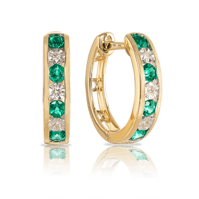 Created Emerald & Diamond Hoop Earrings in 9ct Yellow Gold - Wallace Bishop