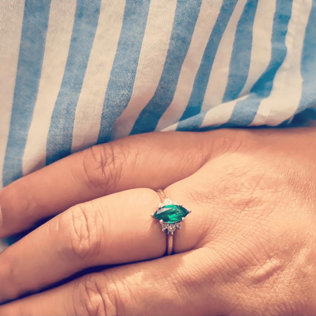 Created Emerald & Diamond Marquise Ring in 9ct Yellow Gold - Wallace Bishop
