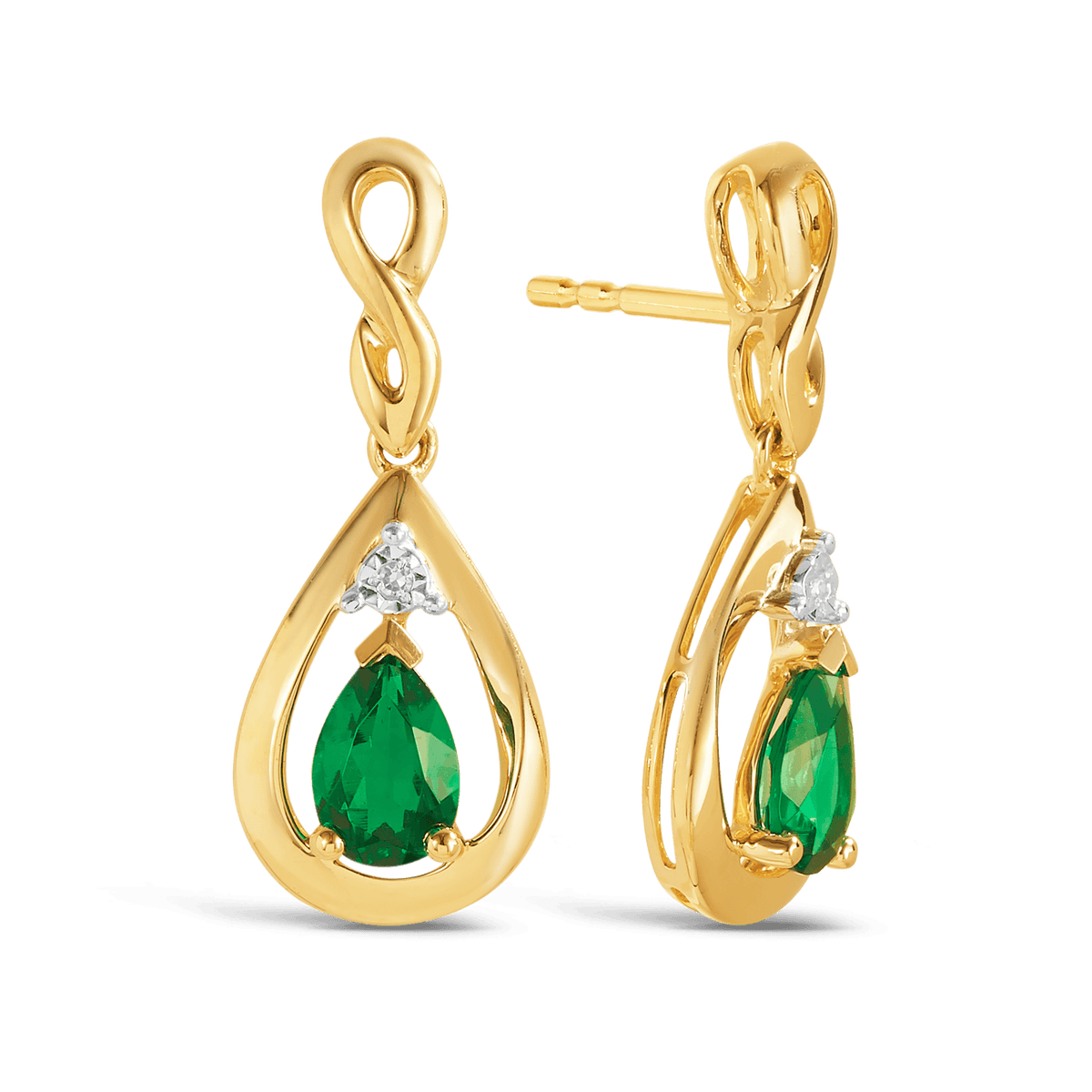 Created Emerald & Diamond Twist Pear Shape Drop Earrings in 9ct Yellow Gold - Wallace Bishop