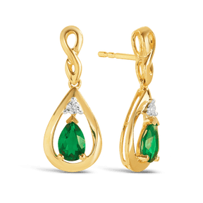 Created Emerald & Diamond Twist Pear Shape Drop Earrings in 9ct Yellow Gold - Wallace Bishop