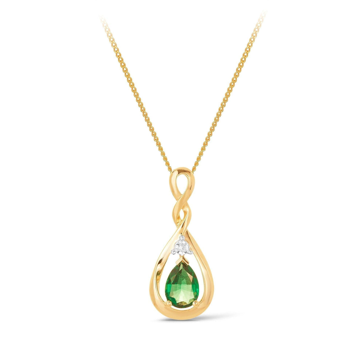 Created Emerald & Diamond Twist Pear Shape Pendant in 9ct Yellow Gold - Wallace Bishop