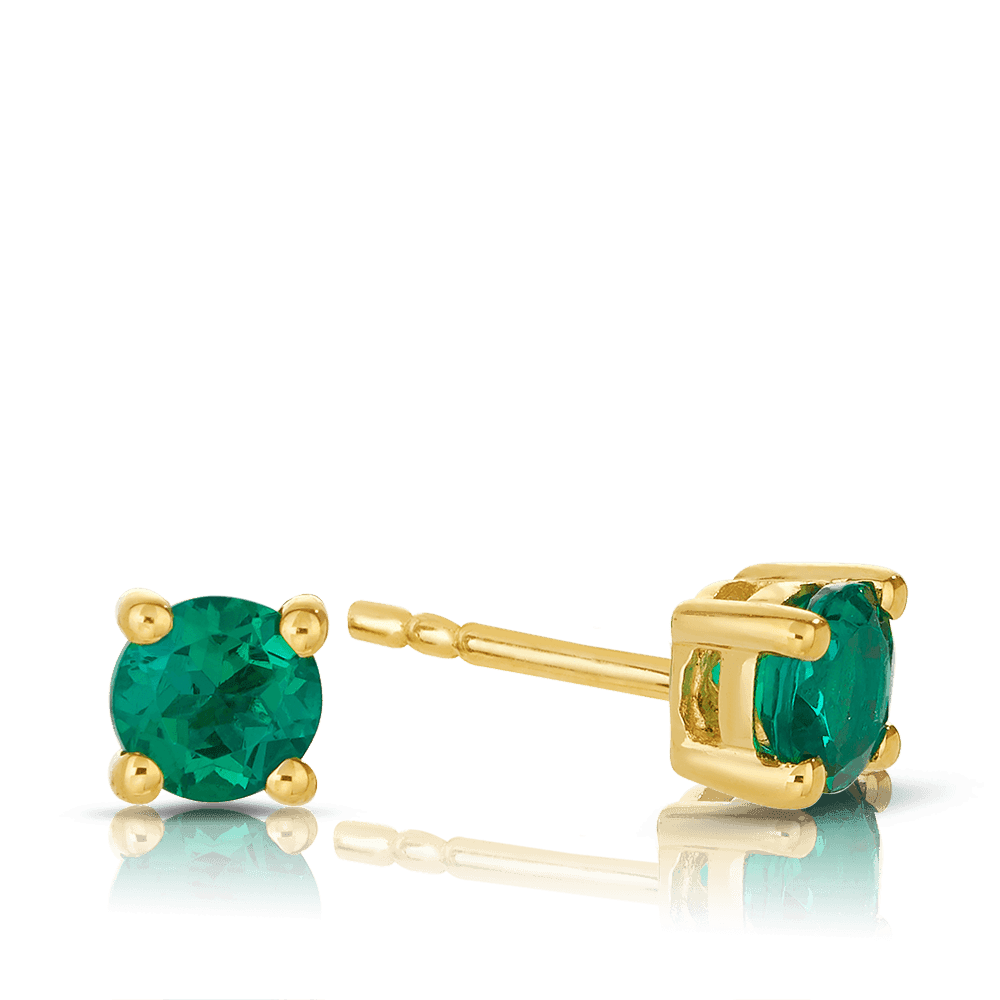 Created Emerald Round Stud Earrings in 9ct Yellow Gold - Wallace Bishop