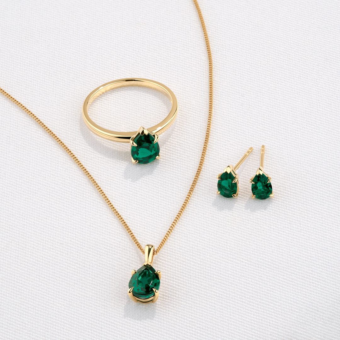 Created Pear Emerald Drop Pendant in 9ct Yellow Gold - Wallace Bishop