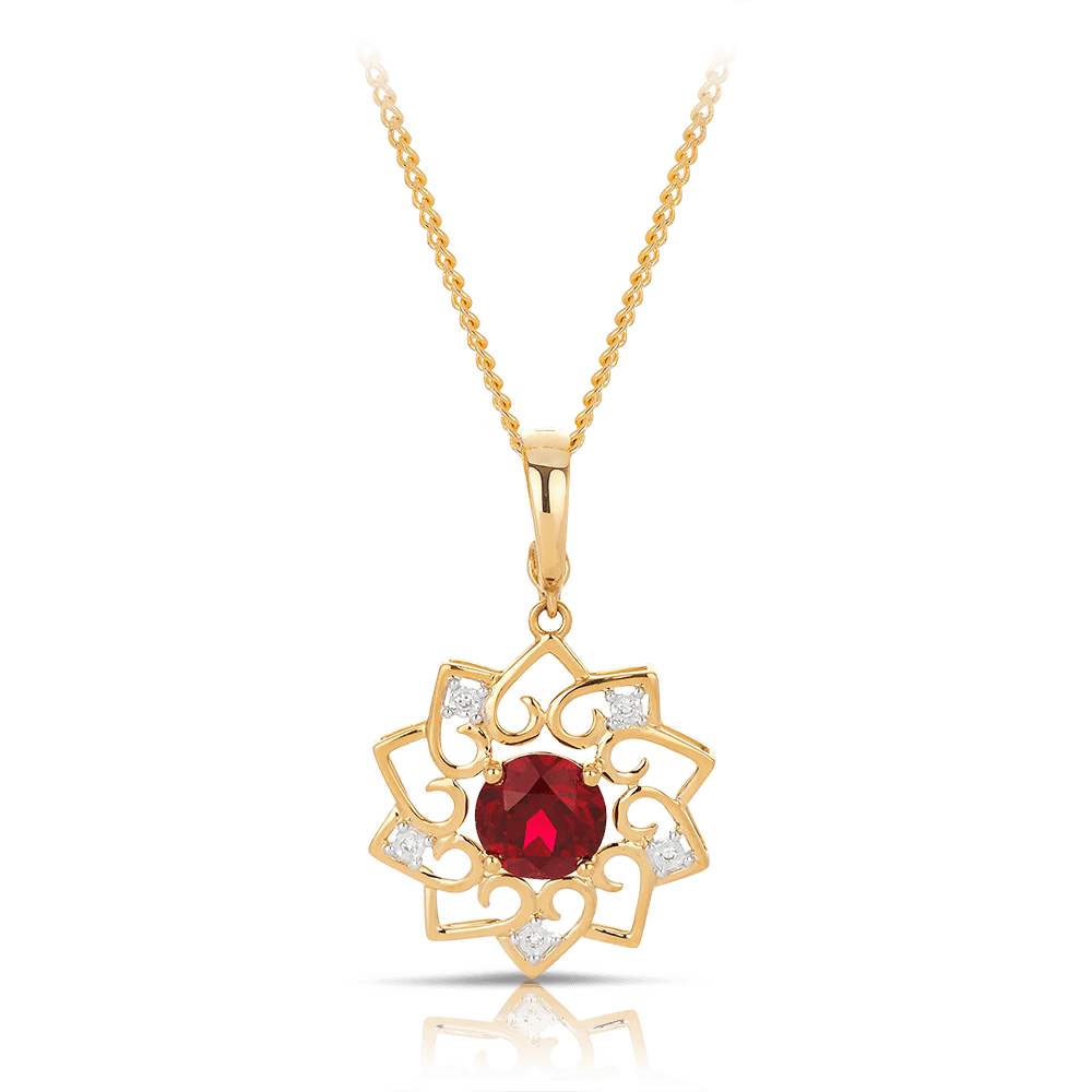 Created Ruby & Diamond Flower Pendant in 9ct Yellow Gold - Wallace Bishop