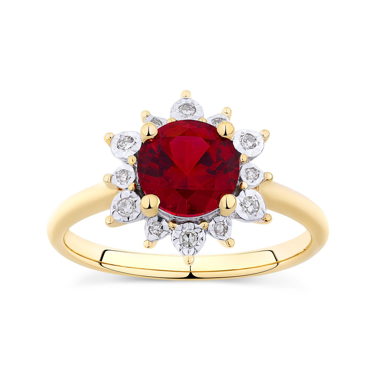 Created Ruby & Diamond Halo Flower Ring in 9ct Yellow Gold - Wallace Bishop