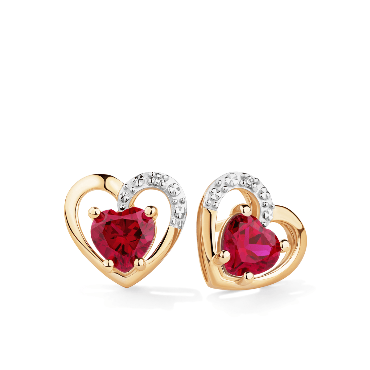 Created Ruby & Diamond Heart Stud Earrings in 9ct Yellow Gold - Wallace Bishop
