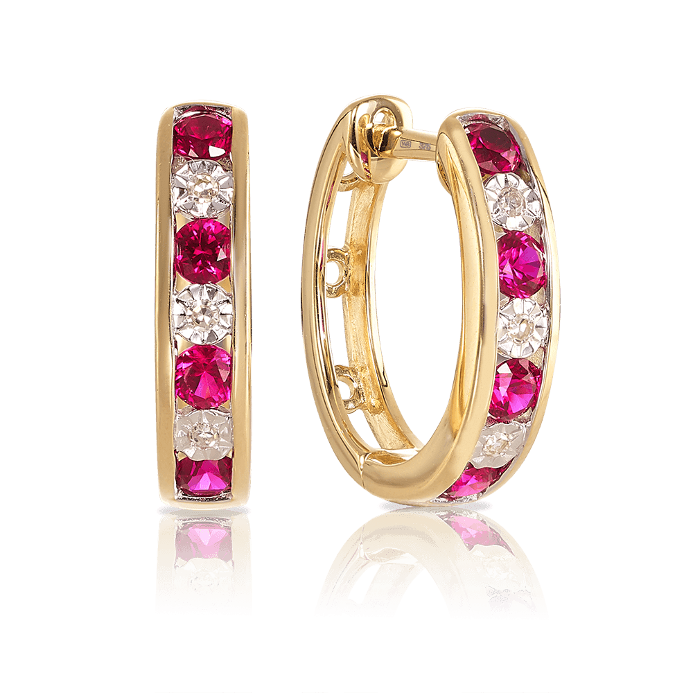 Created Ruby & Diamond Hoop Earrings in 9ct Yellow Gold - Wallace Bishop