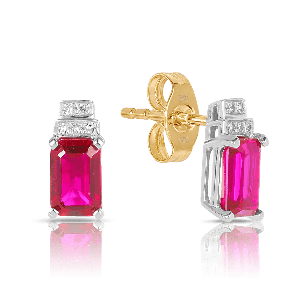 Created Ruby & Diamond Stud Earrings in 9ct Yellow & White Gold - Wallace Bishop