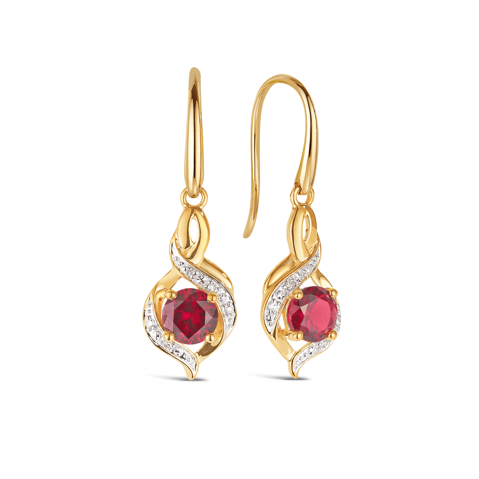 Created Ruby & Diamond Twist Drop Erarings in 9ct Yellow Gold - Wallace Bishop