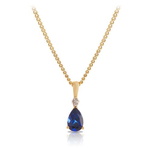 Created Sapphire & 0.005ct TDW Diamond Drop Pendant Necklace in 9ct Yellow Gold - Wallace Bishop