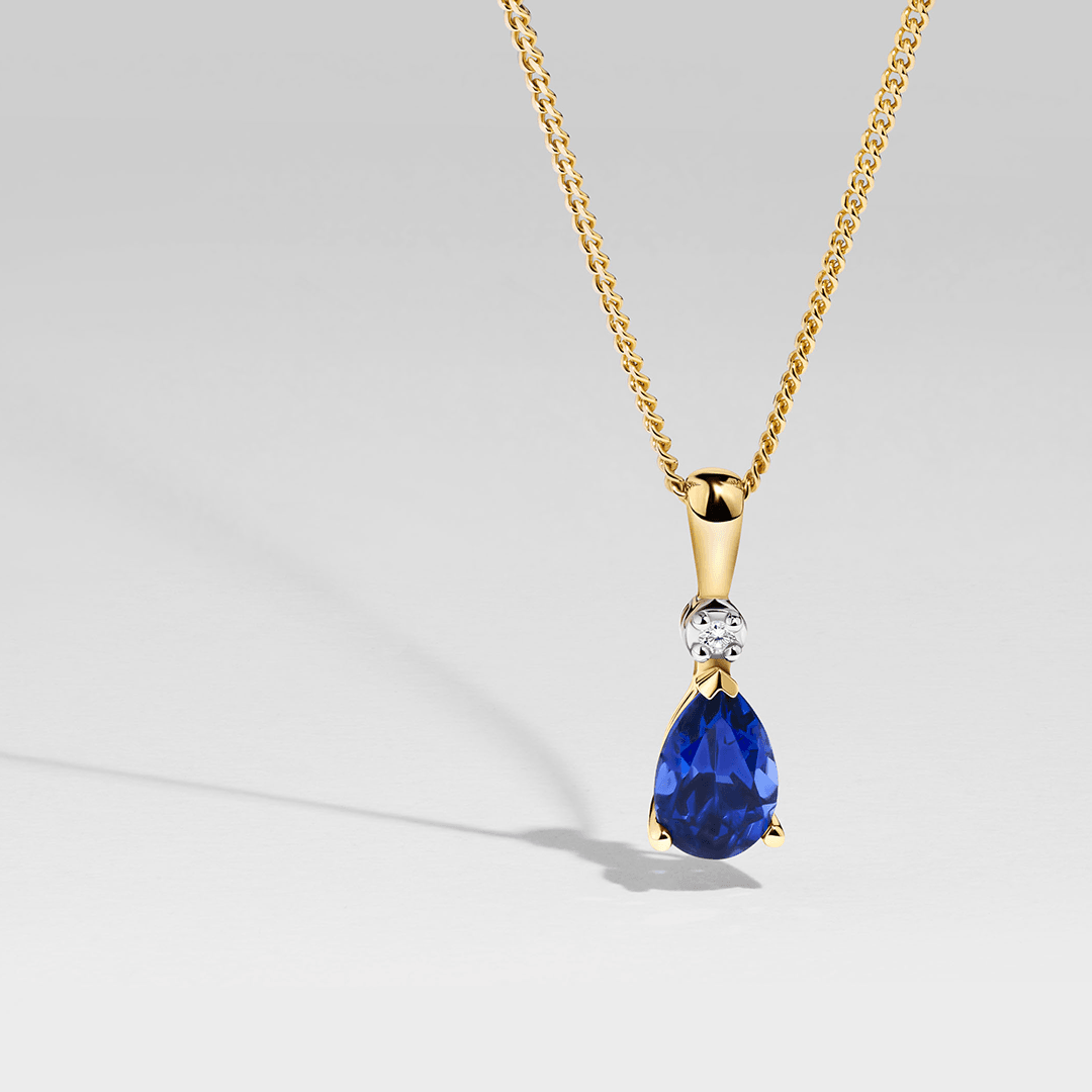 Created Sapphire & 0.005ct TDW Diamond Drop Pendant Necklace in 9ct Yellow Gold - Wallace Bishop