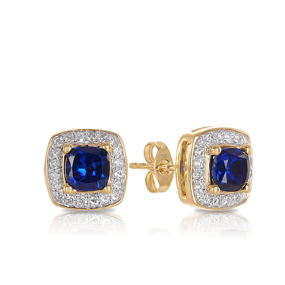 Created Sapphire & Diamond Halo Stud Earrings in 9ct Yellow Gold - Wallace Bishop