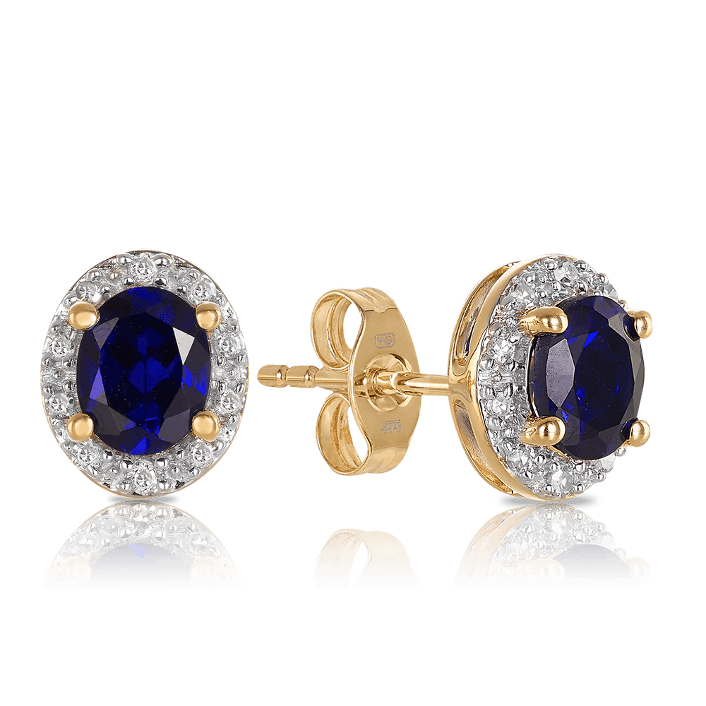 Created Sapphire & Diamond Oval Halo Stud Earrings in 9ct Yellow Gold - Wallace Bishop