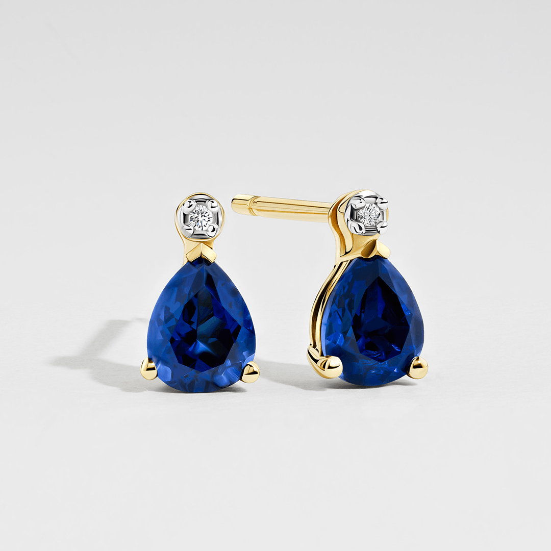 Created Sapphire Diamond Pear Shape Stud Earrings in 9ct Yellow Gold