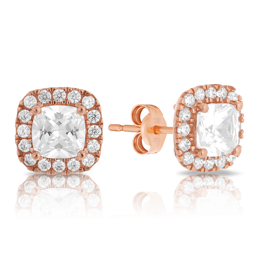 Cubic Zirconia Halo Earrings in 9ct Rose Gold - Wallace Bishop
