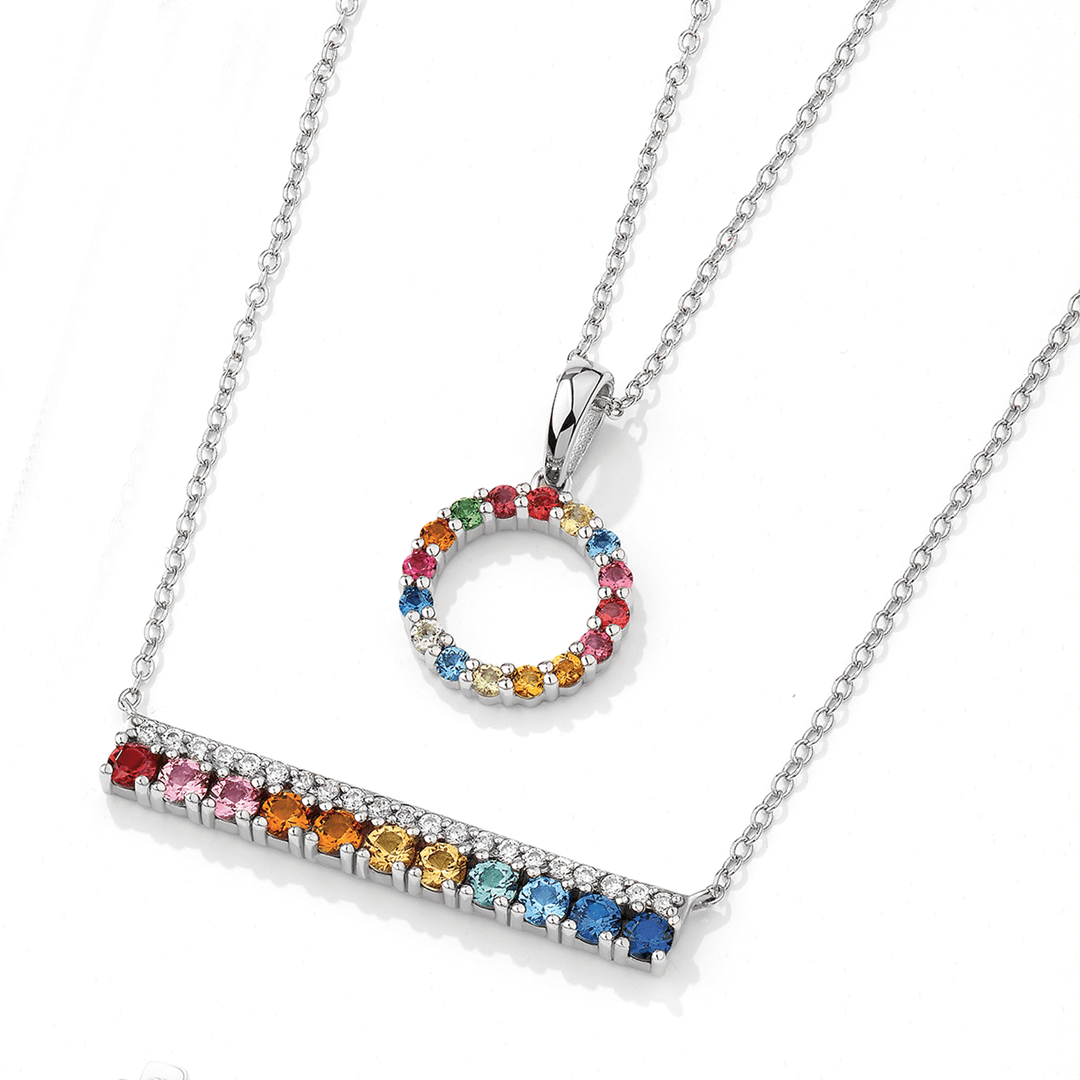 Cubic Zirconia Rainbow Bar Necklace in Sterling Silver