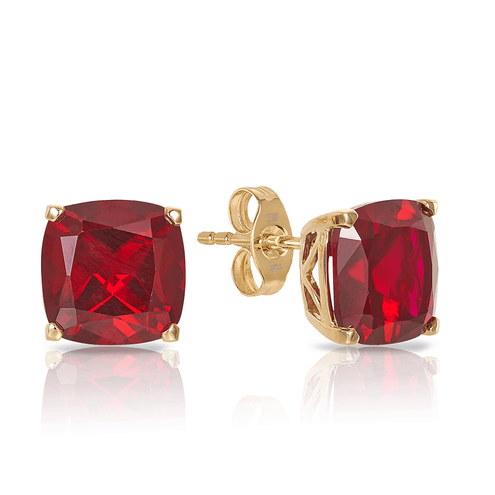 Cushion Cut Created Ruby Studs in 9ct Yellow Gold - Wallace Bishop