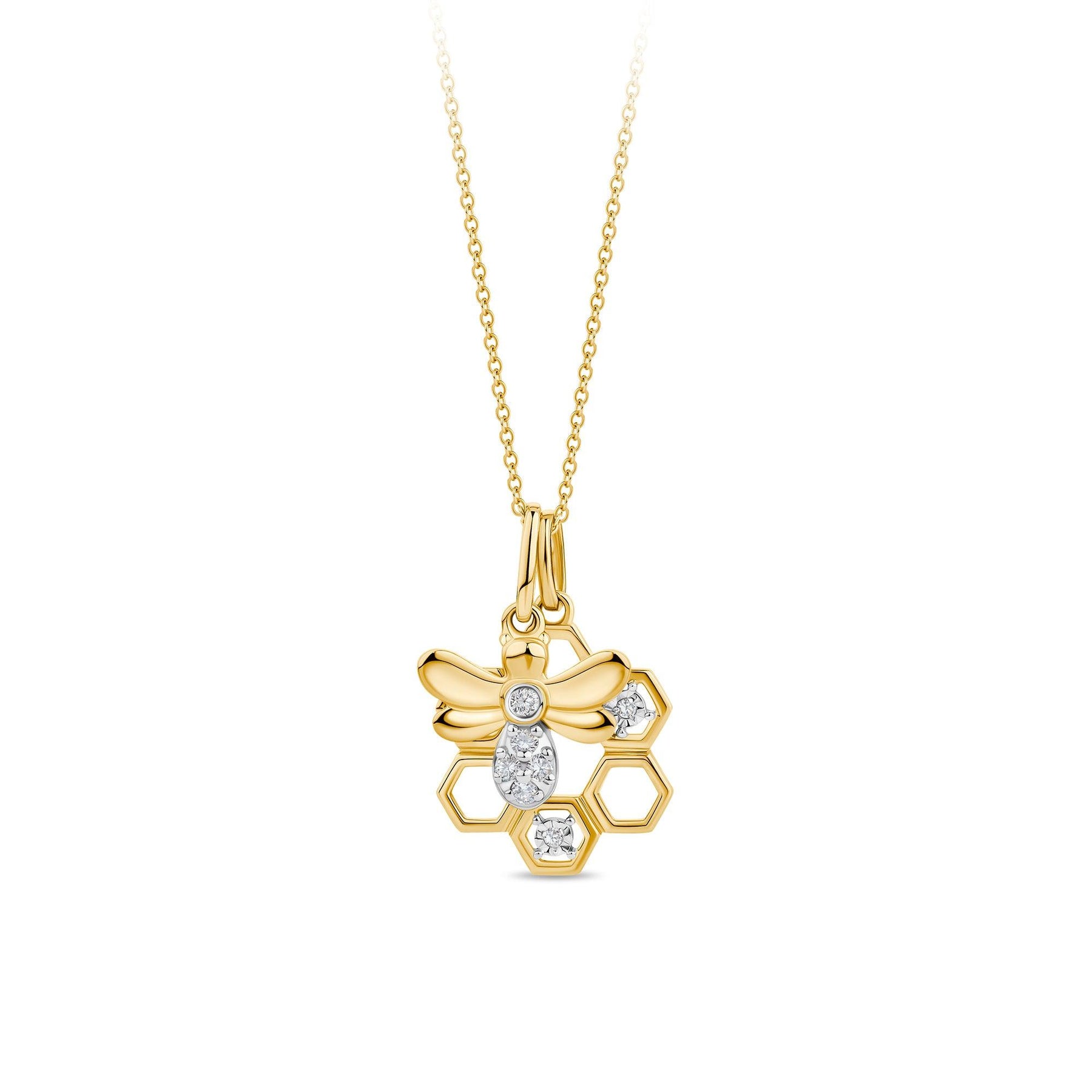 Diamond Bumble Bee & Honeycomb Pendant with Chain in 9ct Yellow Gold - Wallace Bishop