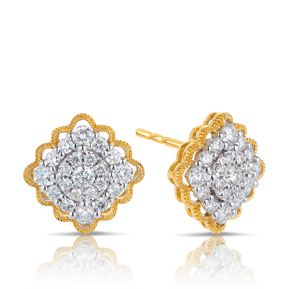 Diamond Cluster Stud Earrings in 18ct Yellow & White Gold - Wallace Bishop
