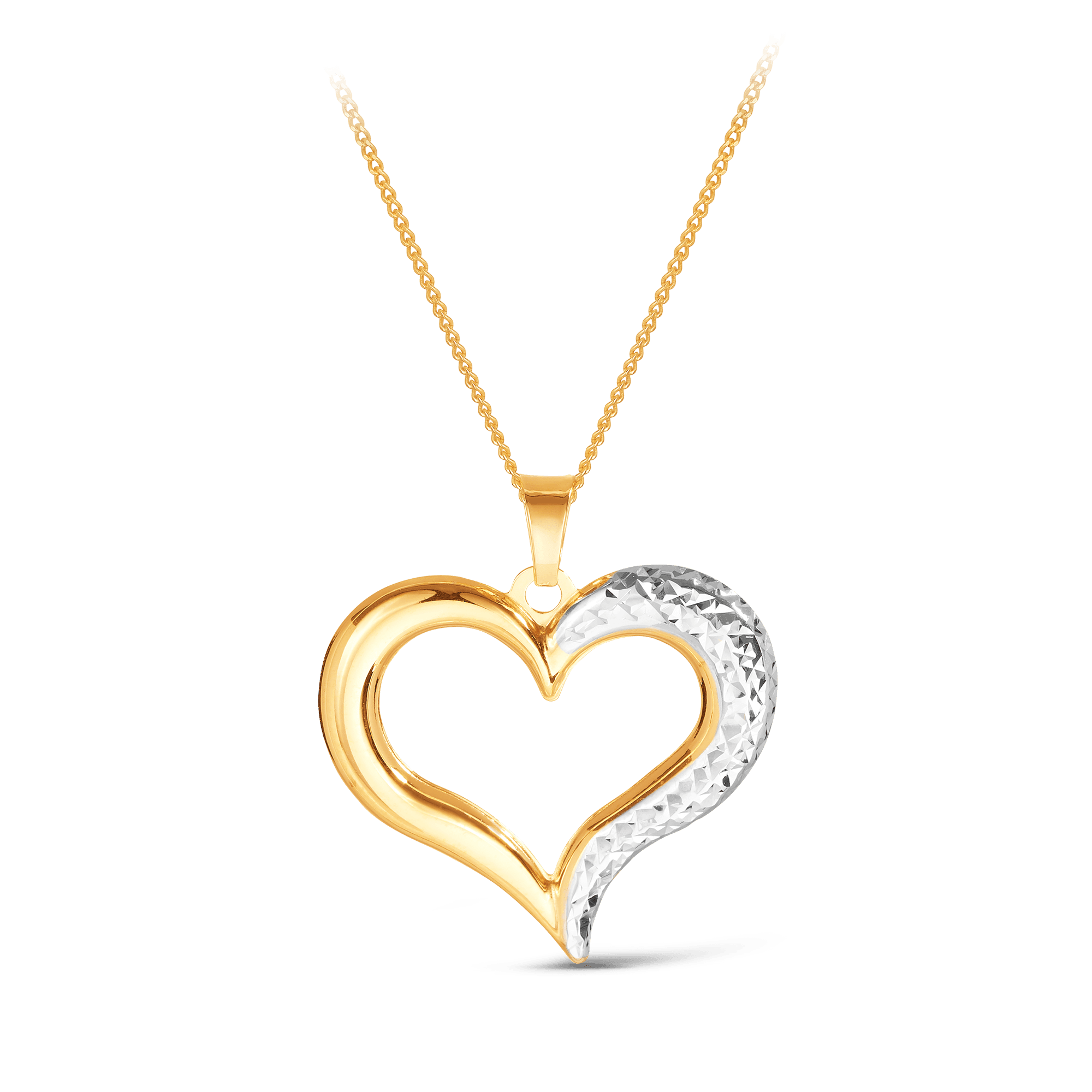 Diamond Cut Rhodium Plate Open Heart Pendant in 9ct Yellow Gold - Wallace Bishop