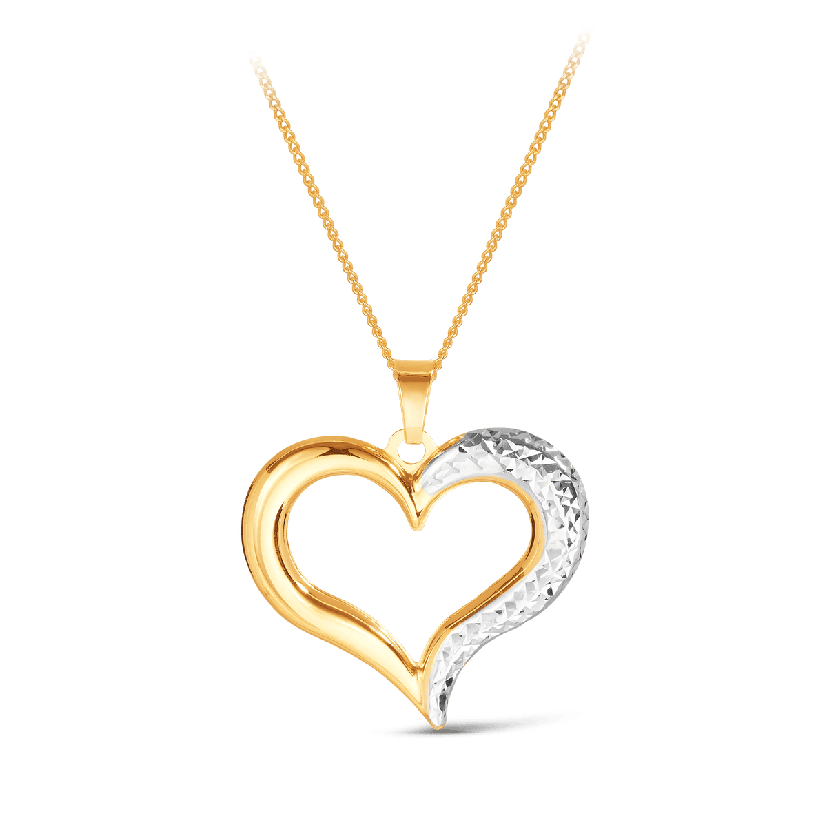 Diamond Cut Rhodium Plate Open Heart Pendant in 9ct Yellow Gold