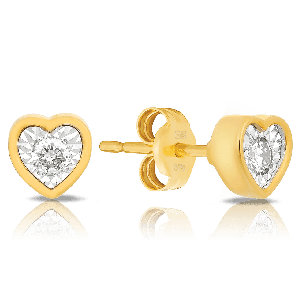 Diamond Heart Stud Earrings in 9ct Yellow Gold - Wallace Bishop