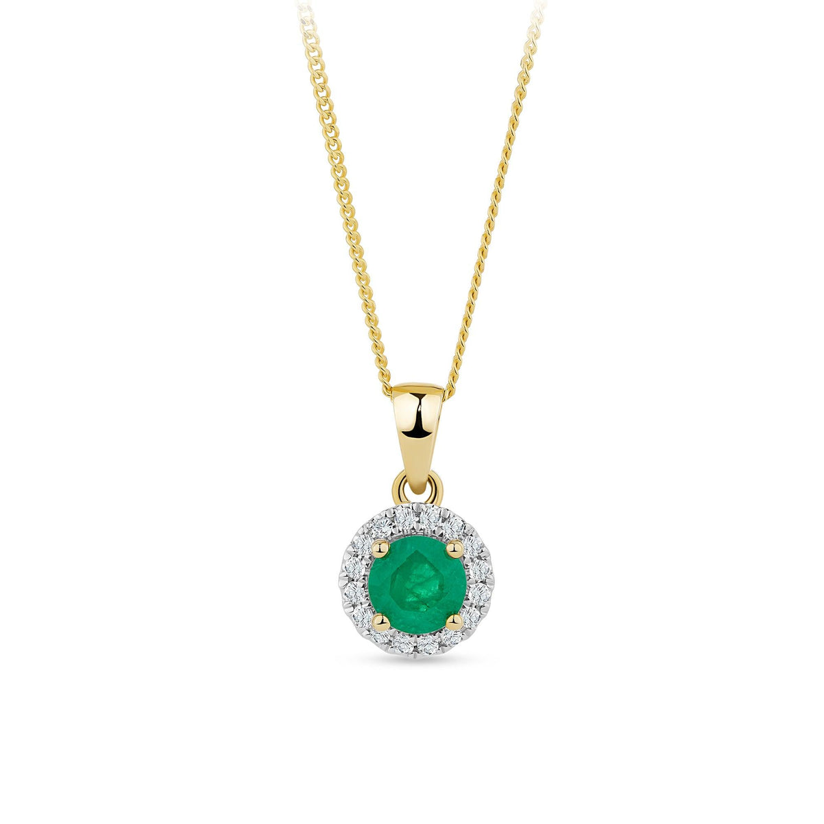 Emerald & 0.11ct TDW Diamond Halo Pendant Necklace in 9ct Yellow Gold - Wallace Bishop