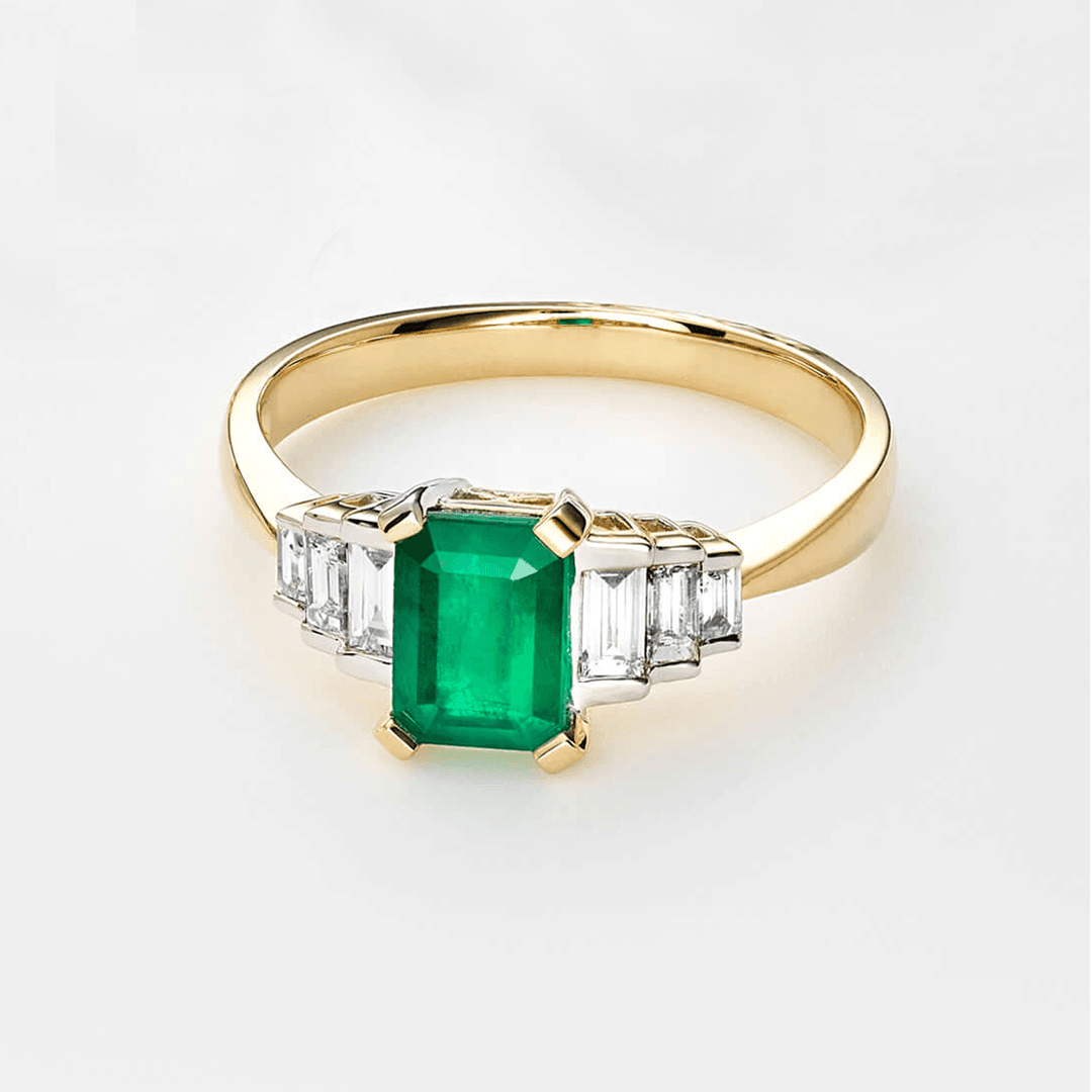 Emerald and Diamond Claw & Channel Set Ring in 9ct Yellow Gold - Wallace Bishop