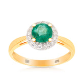 Emerald & Diamond Halo Ring in 9ct Yellow Gold - Wallace Bishop