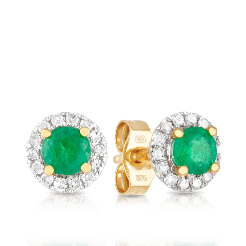 Emerald & Diamond Halo Stud Earrings in 9ct Yellow Gold - Wallace Bishop