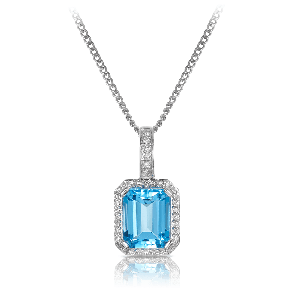 Emerald Cut Blue Topaz and Diamond Halo Pendant in 9ct White Gold - Wallace Bishop