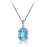 Emerald Cut Blue Topaz and Diamond Halo Pendant in 9ct White Gold - Wallace Bishop