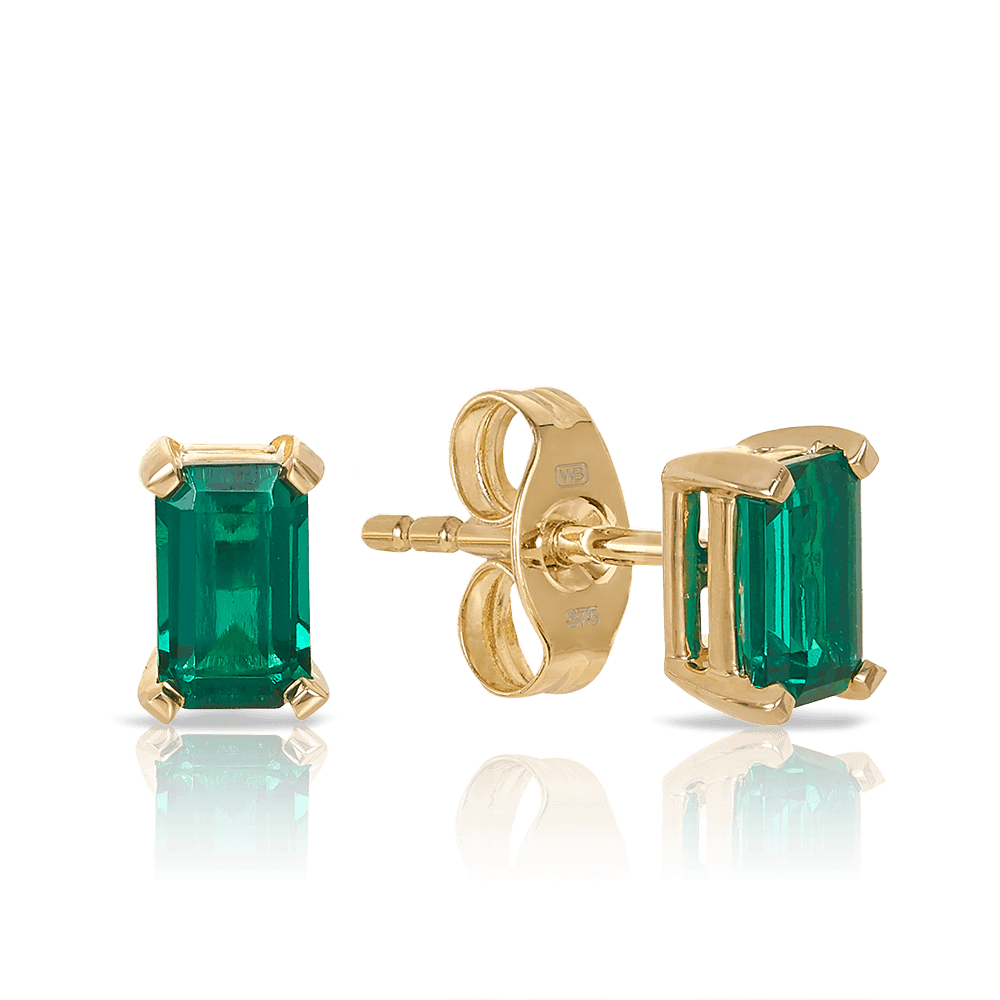 Emerald Cut Created Emerald Studs in 9ct Yellow Gold - Wallace Bishop