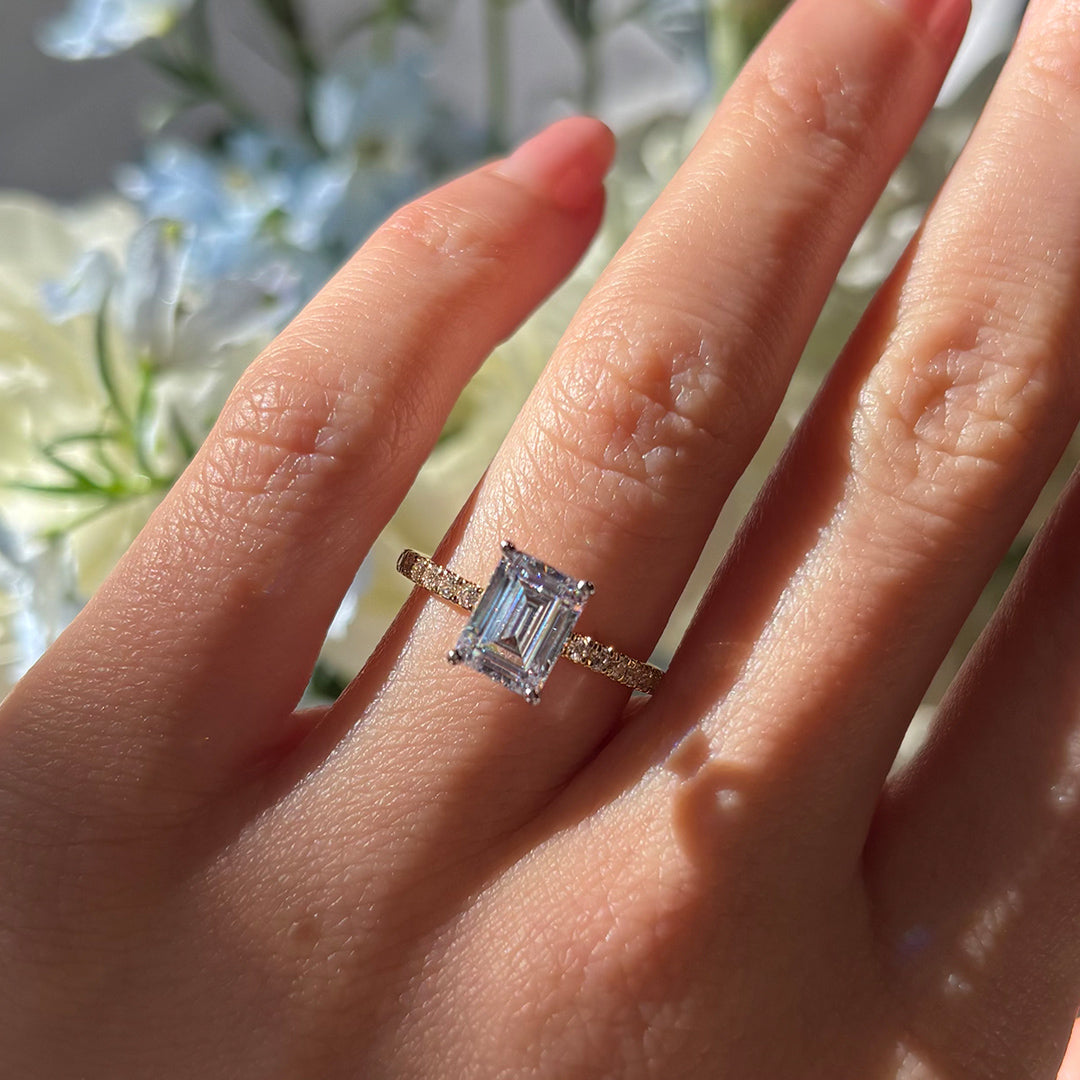 Everlasting 1.58ct TW Emerald Cut Lab-Grown Diamond Solitaire Pave Band Engagement Ring in 18ct White Gold
