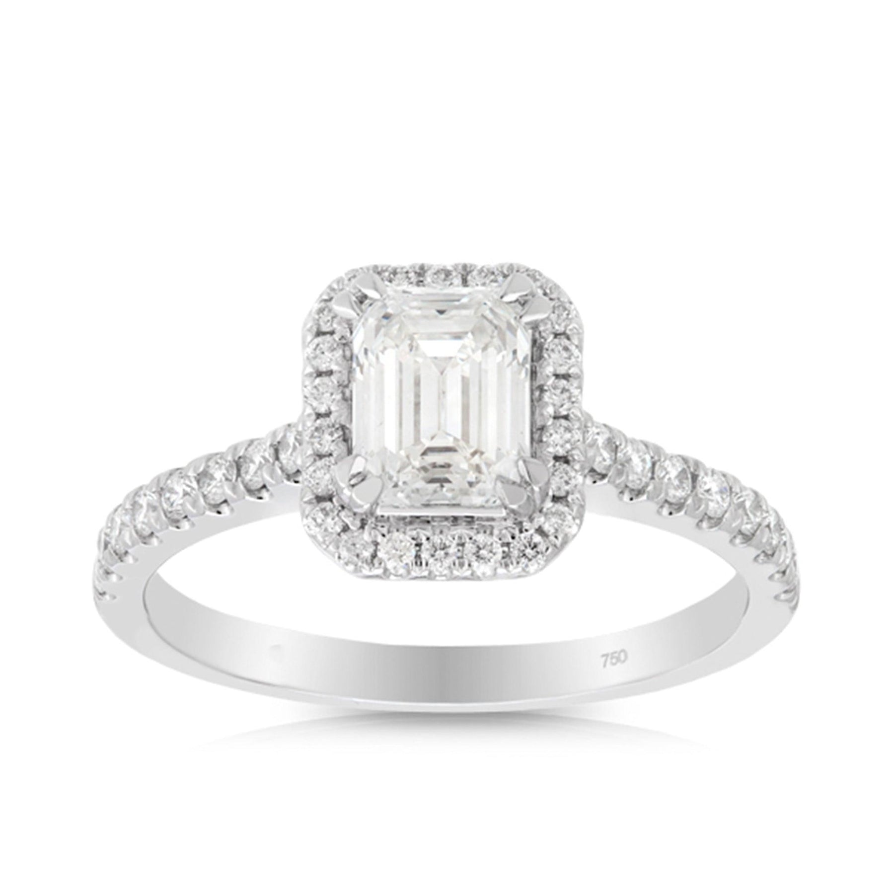 Emerald Cut Diamond Halo Pavé Band Engagement Ring in 18ct White Gold Ring TDW 1.34ct - Wallace Bishop