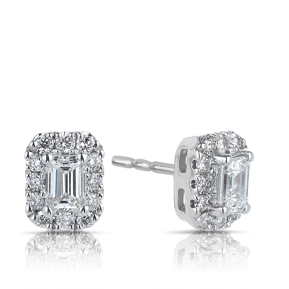 Emerald Cut Diamond Halo Stud Earrings in 9ct White Gold - Wallace Bishop