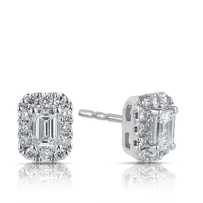 Emerald Cut Diamond Halo Stud Earrings in 9ct White Gold - Wallace Bishop
