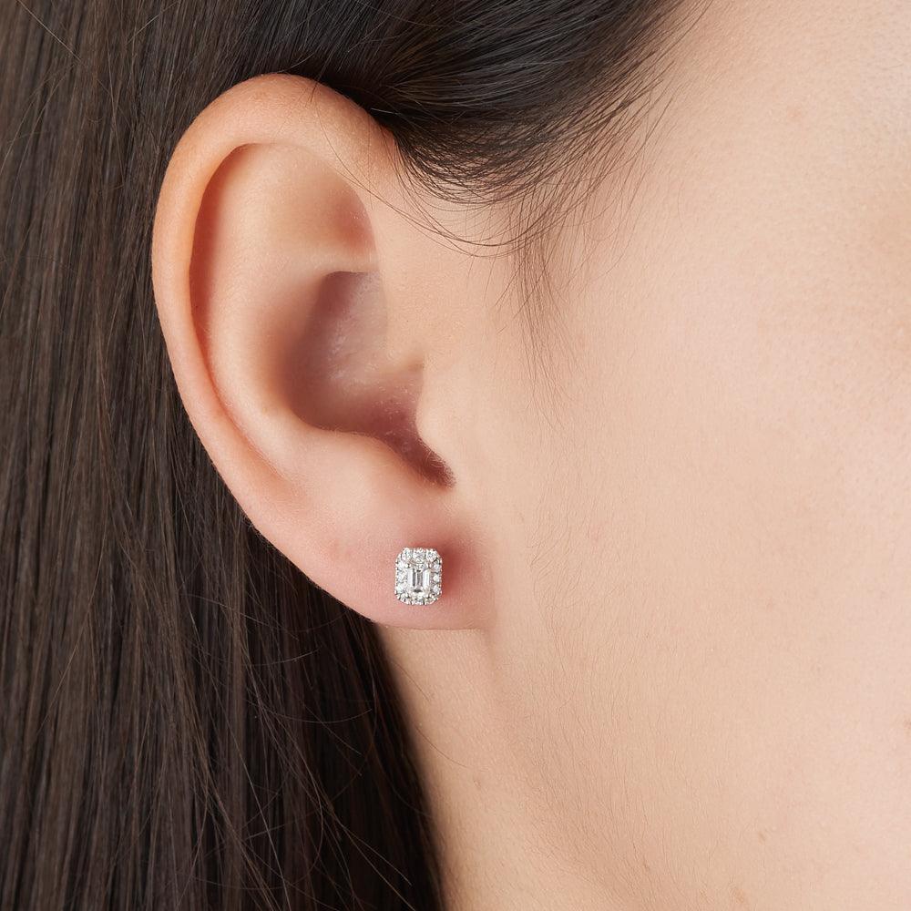 Emerald Cut Diamond Halo Stud Earrings in 9ct White Gold - Wallace Bishop